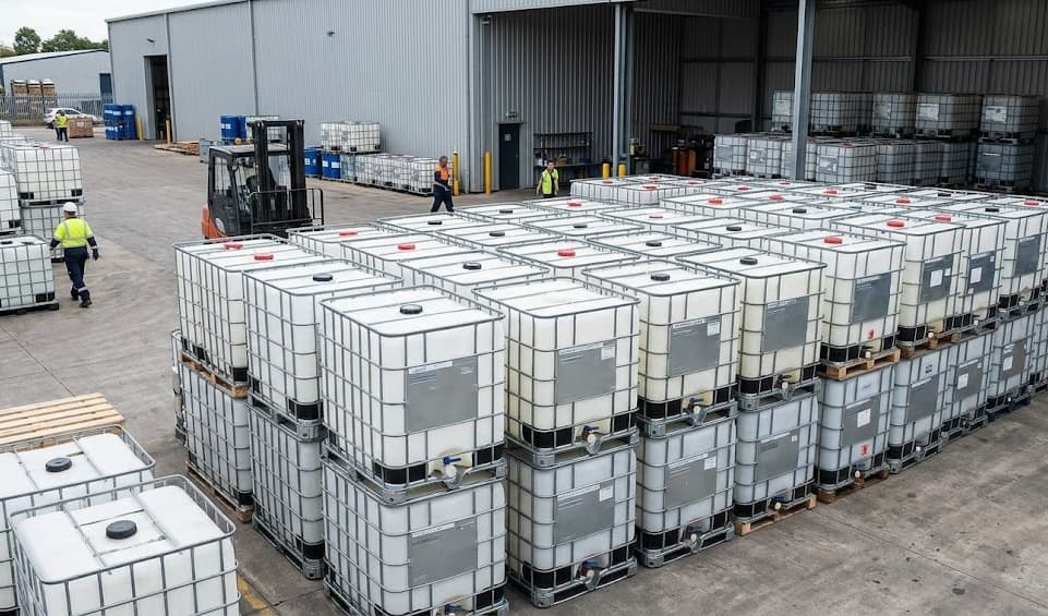 Aerial view of IBC tote yard with workers and forklifts