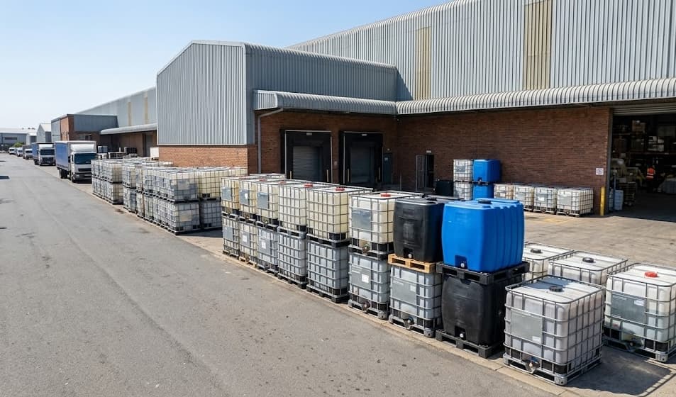 Long row of IBC totes at loading docks